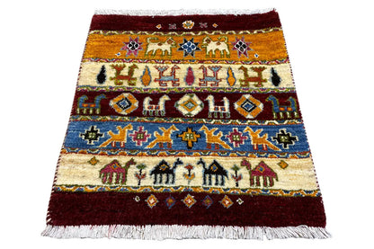 Gabbeh rug 63x58 cm with a cream-colored background, colorful row patterns, and fringes.