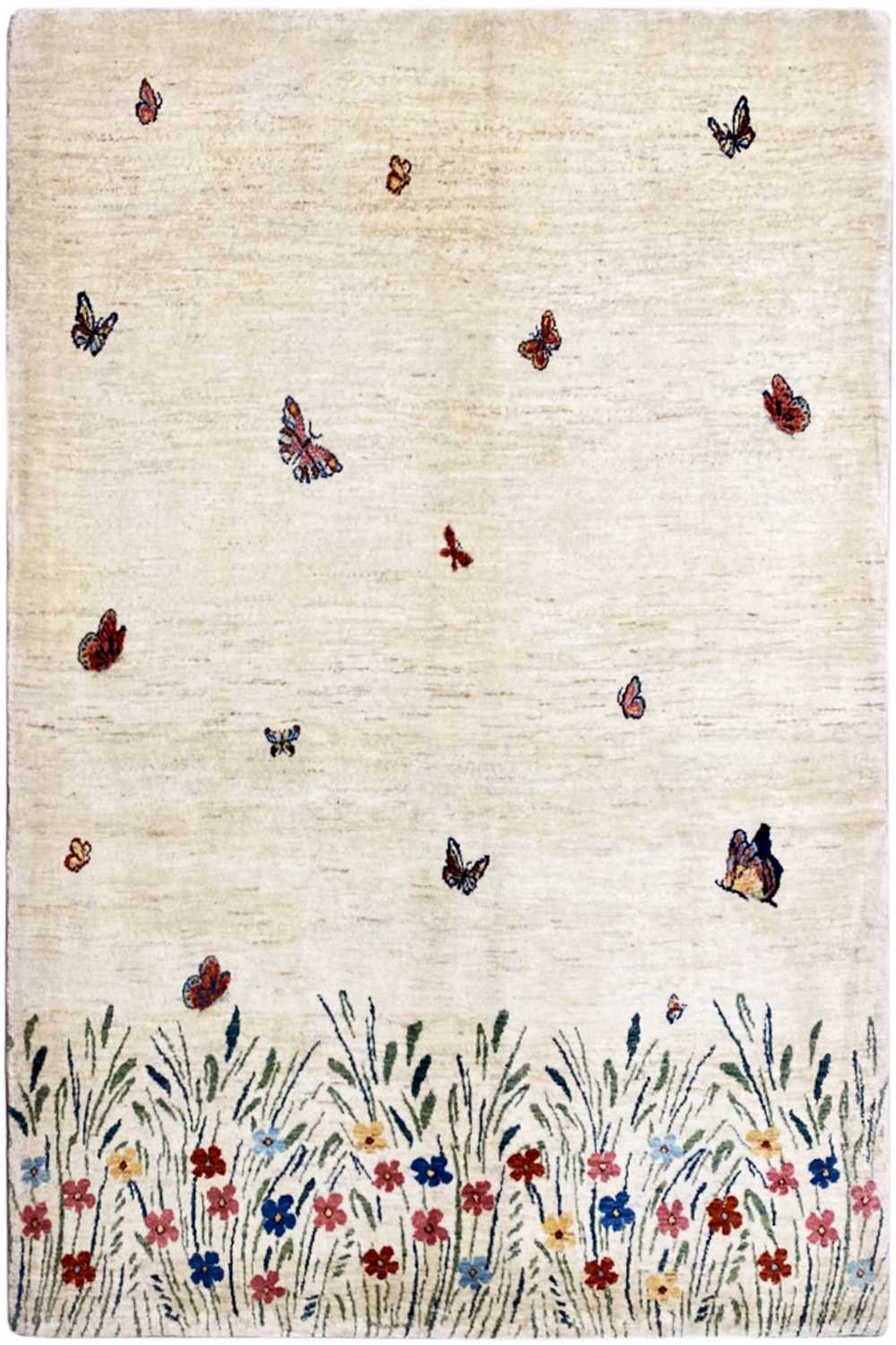 Gabbeh Lori rug: beige woven rug with butterflies, floral border, and grasses