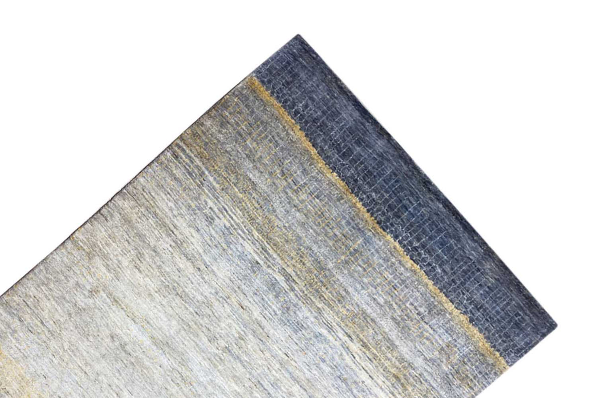 Gabbeh Lori rug with a blue border and yellow-outlined lines, rectangular