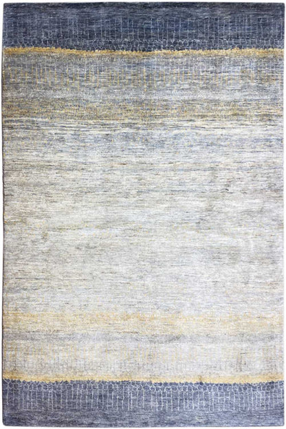 Gabbeh Lori rug with a light gray, yellow, and blue striped pattern, rectangular