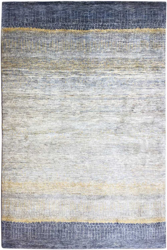 Gabbeh Lori rug with a light gray, yellow, and blue striped pattern, rectangular