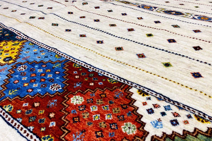 Close-up of carpet border: cream-colored background with a blue and red patterned line