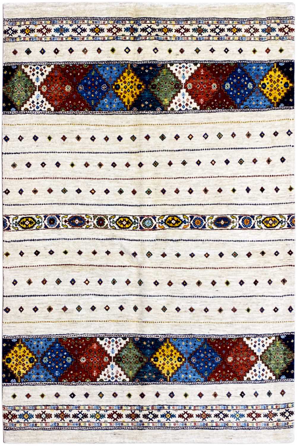 Gabbeh Lori rug with a cream-colored background and multicolored geometric pattern