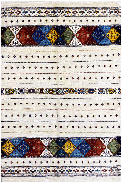 Gabbeh Lori rug with a cream-colored background and multicolored geometric pattern