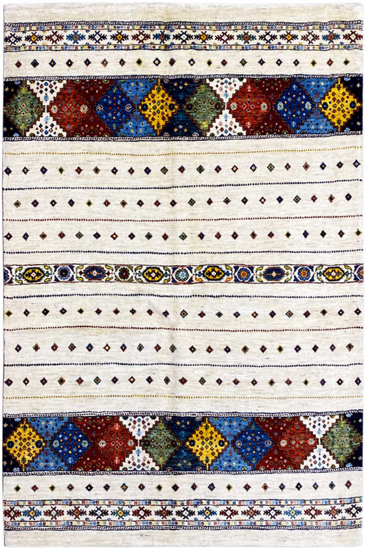Gabbeh Lori rug with a cream-colored background and multicolored geometric pattern