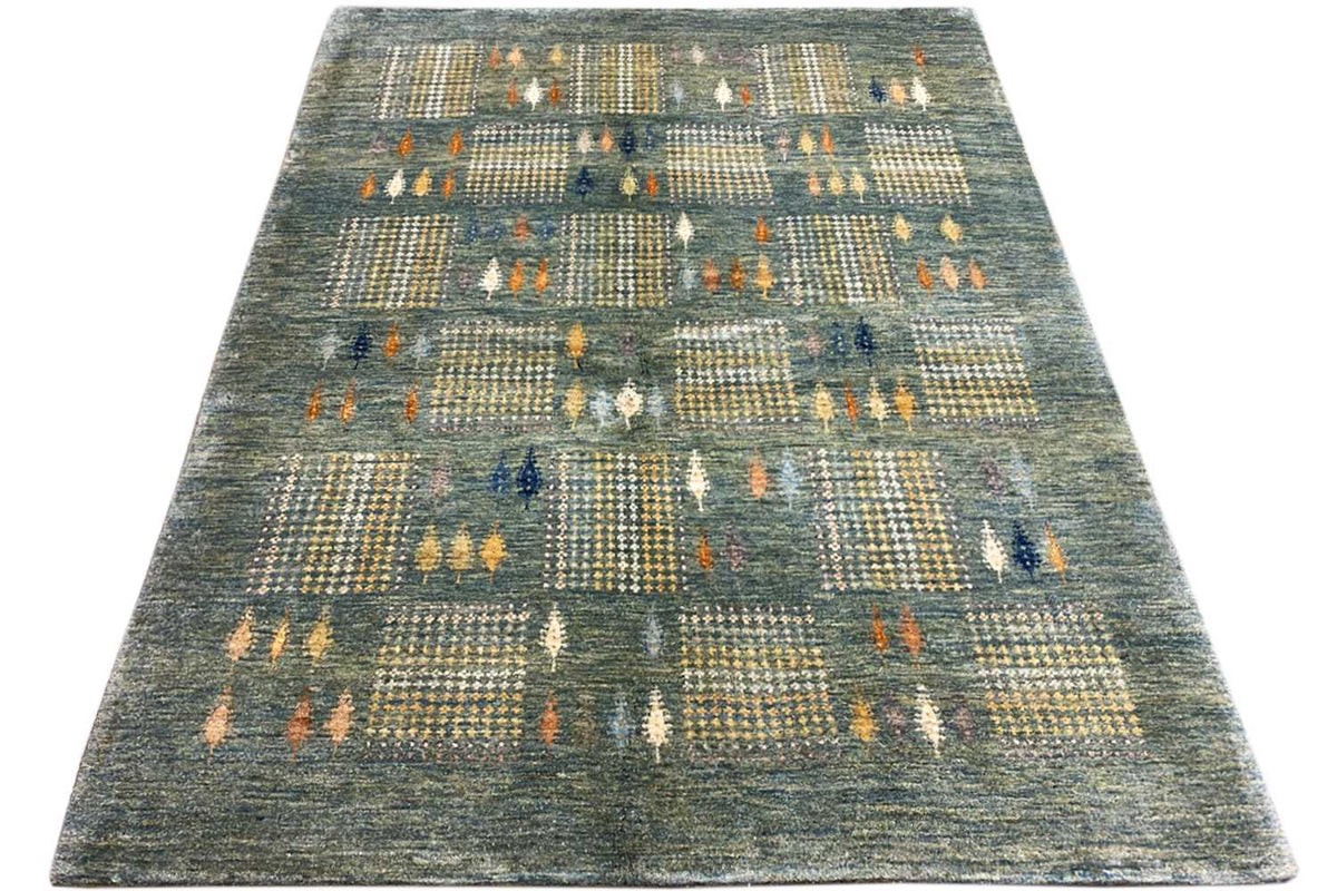 Gabbeh Lori rug, rectangular, blue-gray geometric pattern with orange accents