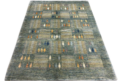 Gabbeh Lori rug, rectangular, blue-gray geometric pattern with orange accents