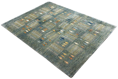 Gabbeh Lori rug in blue-gray with abstract lines and cross patterns in orange and blue