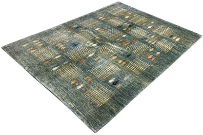 Gabbeh Lori rug with geometric blocks, blue-gray background and orange ornaments