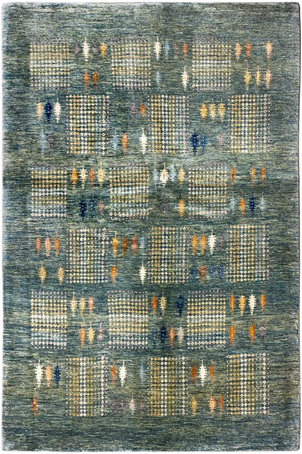 Gabbeh Lori rug with a blue-gray background and a square pattern in orange and white