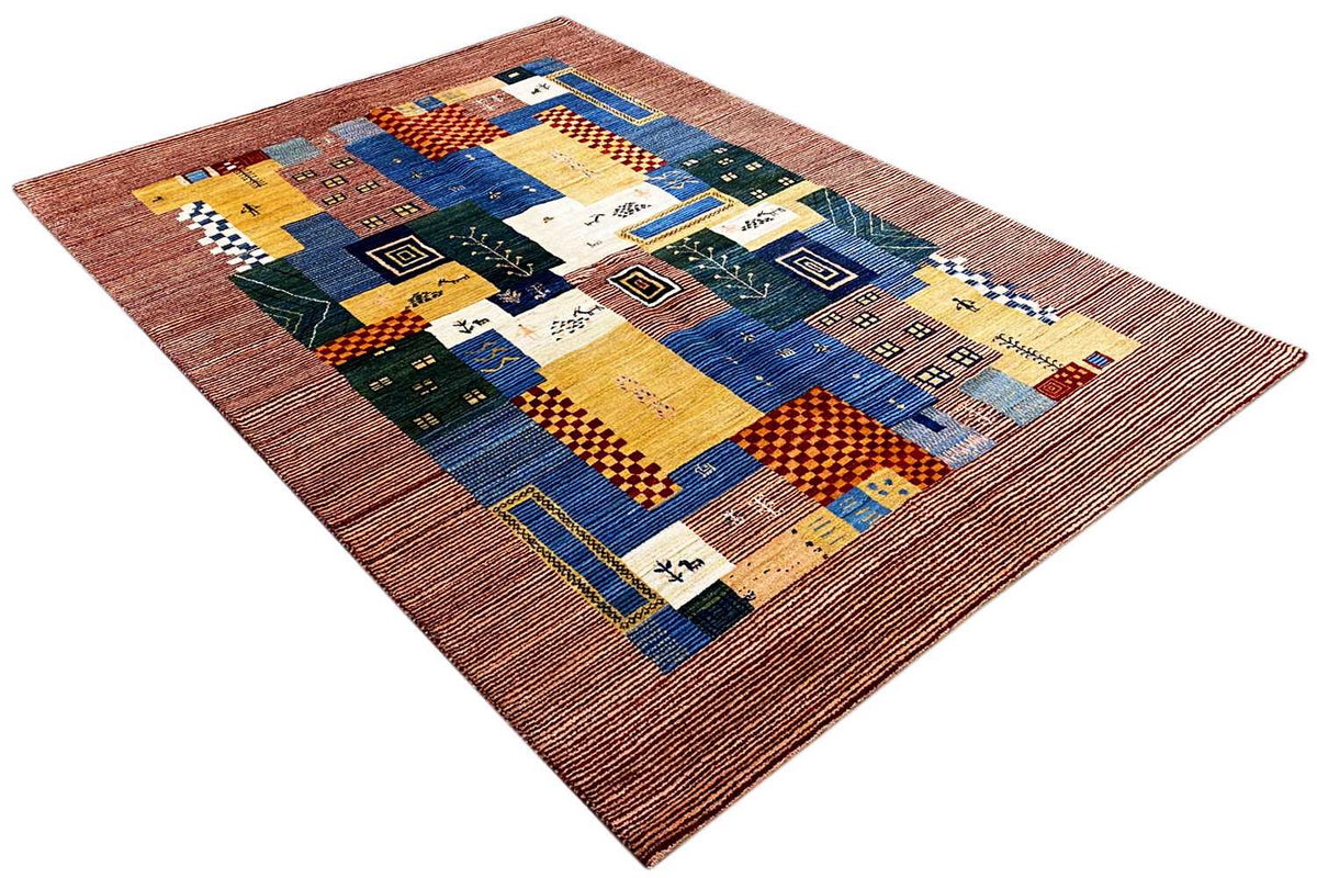 Gabbeh-Lori rug at an angle with multicolored blocks and fine borders