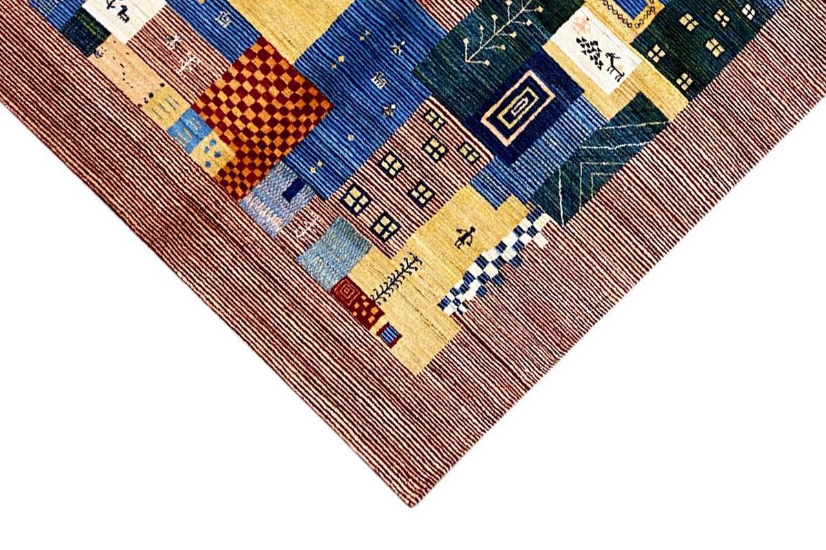 Gabbeh-Lori rug front with square patchwork and multicolored border