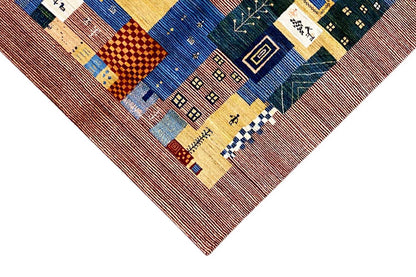 Gabbeh-Lori rug front with square patchwork and multicolored border
