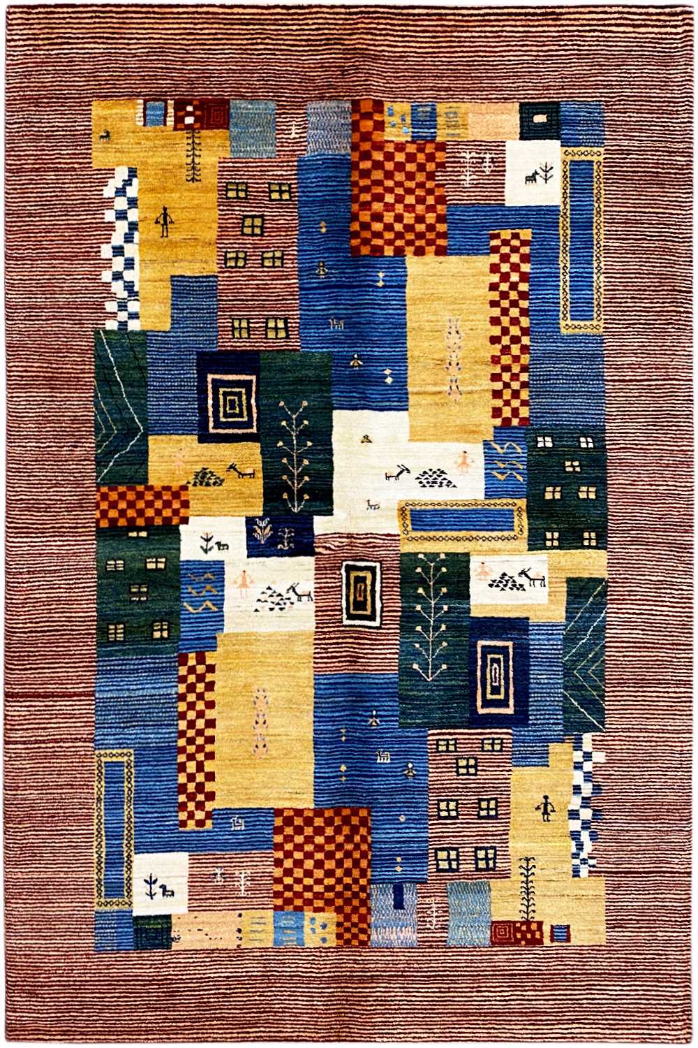 Gabbeh-Lori rug with multicolored patchwork design and geometric motifs