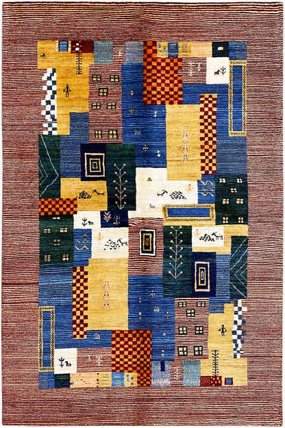 Gabbeh-Lori rug with multicolored patchwork design and geometric motifs