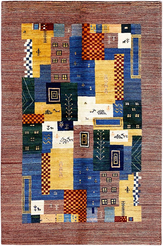 Gabbeh-Lori rug with multicolored patchwork design and geometric motifs