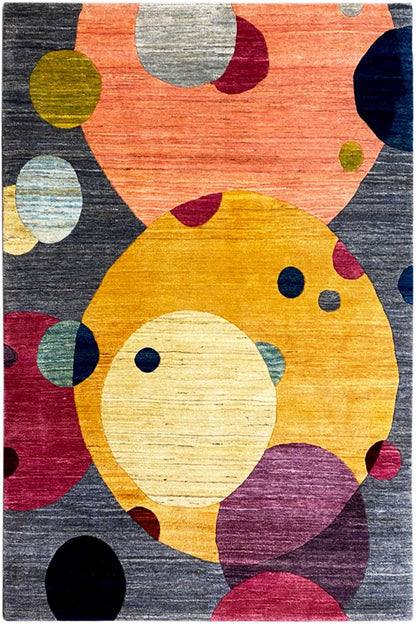 Gabbeh rug with abstract animal/circle motifs in orange, yellow, blue, dark gray