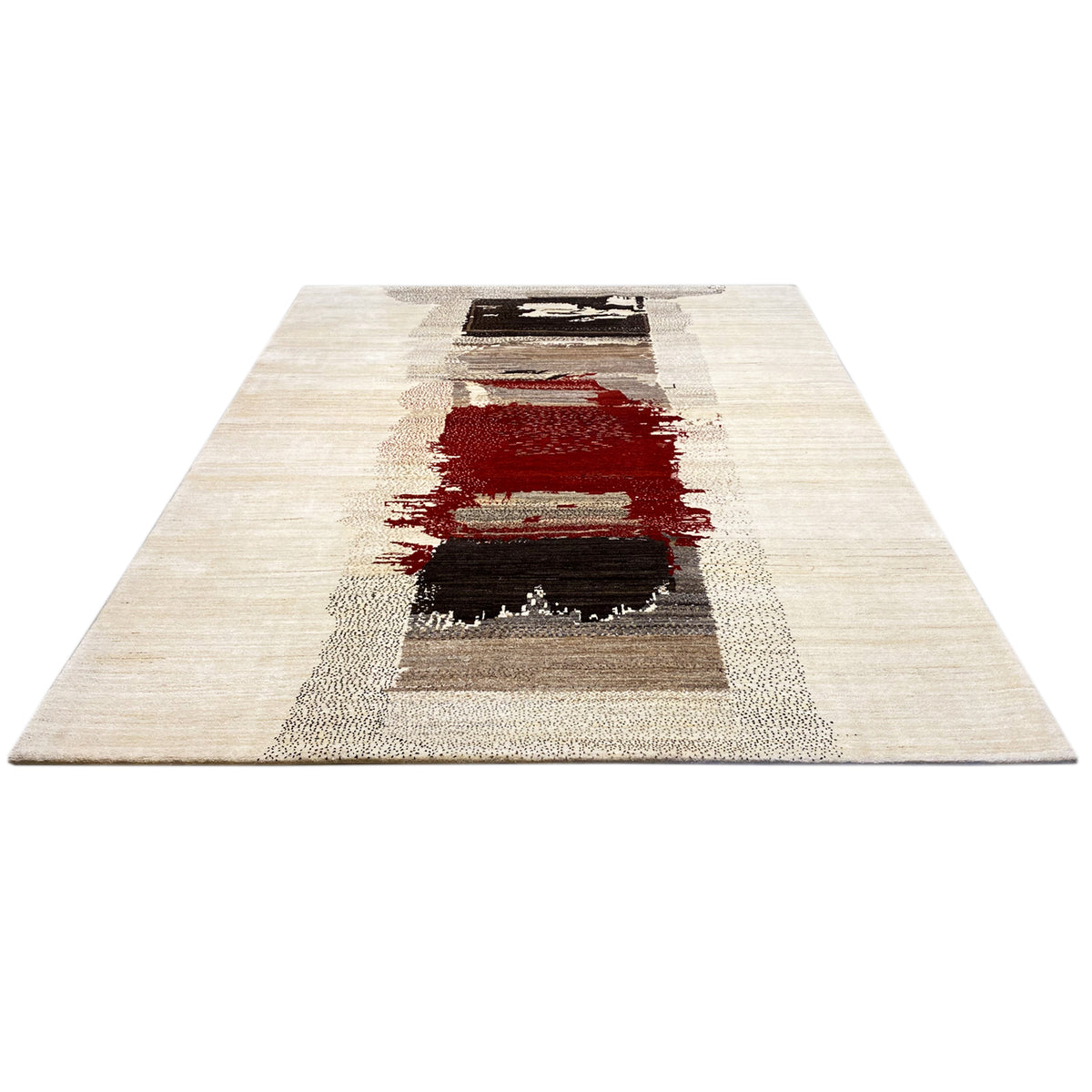 Rectangular Gabbeh rug with an abstract central stripe in shades of red, black, and gray