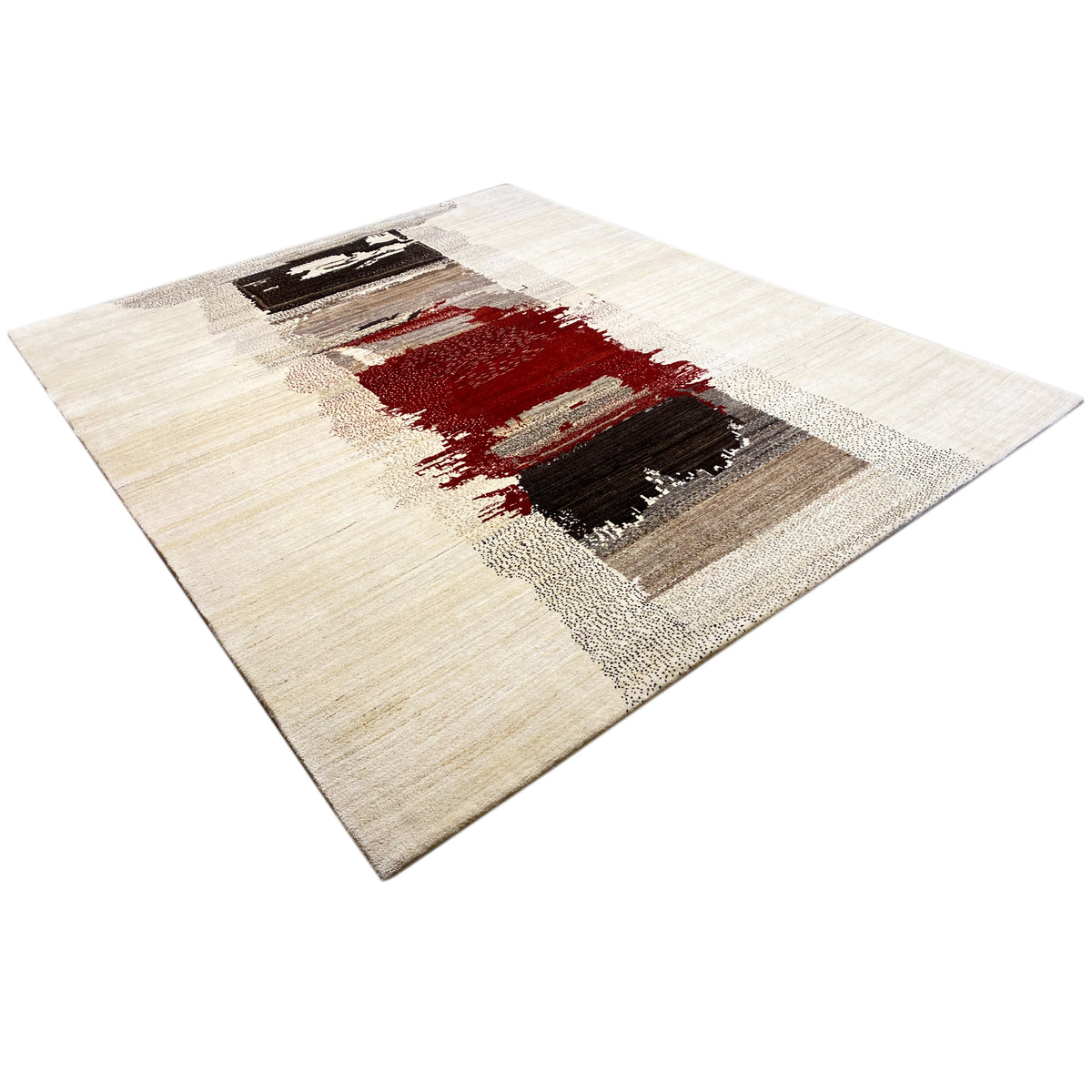 Cream gabbeh rug with diagonal pattern elements in red, black, and beige