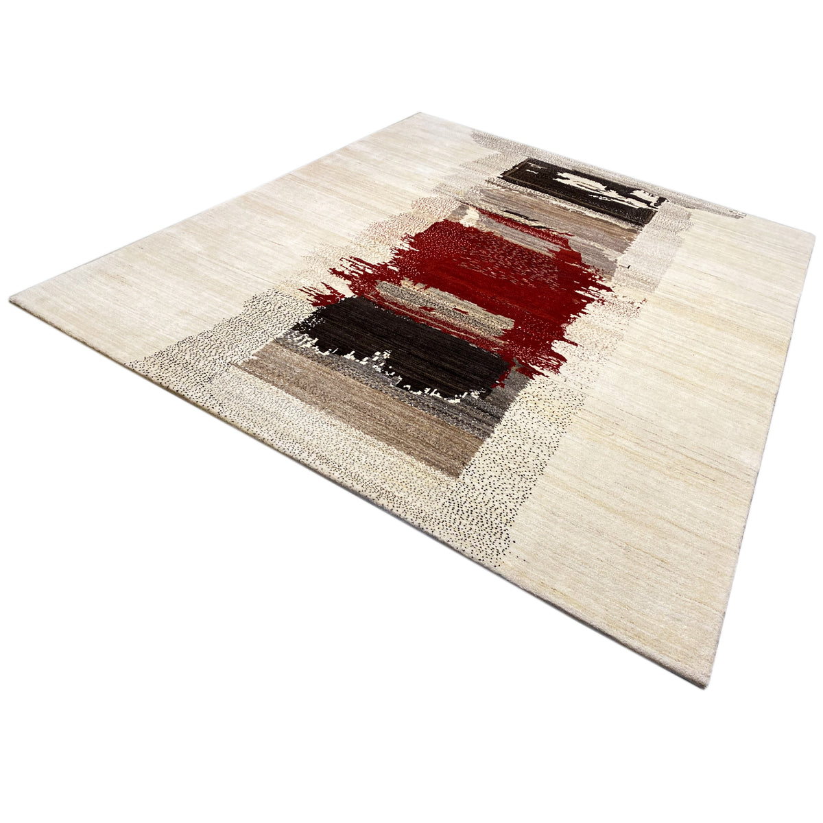 Flat-woven Gabbeh rug with a central block pattern in red, black, and light gray tones