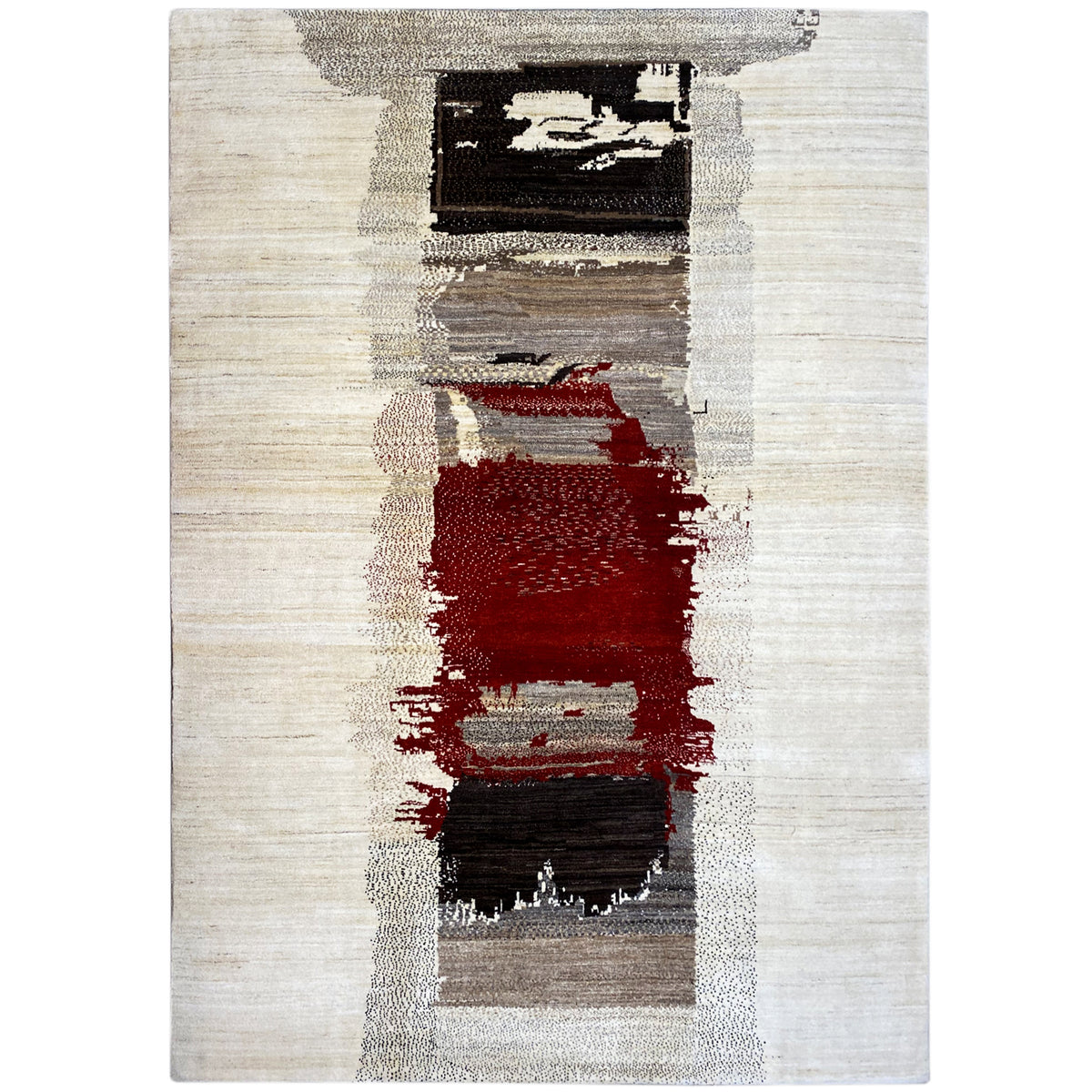 Modern Gabbeh rug with abstract rectangles in red, black, and cream on a light background