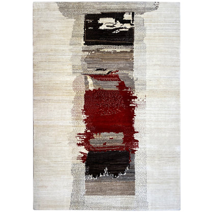 Modern Gabbeh rug with abstract rectangles in red, black, and cream on a light background