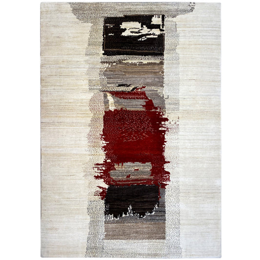 Modern Gabbeh rug with abstract rectangles in red, black, and cream on a light background