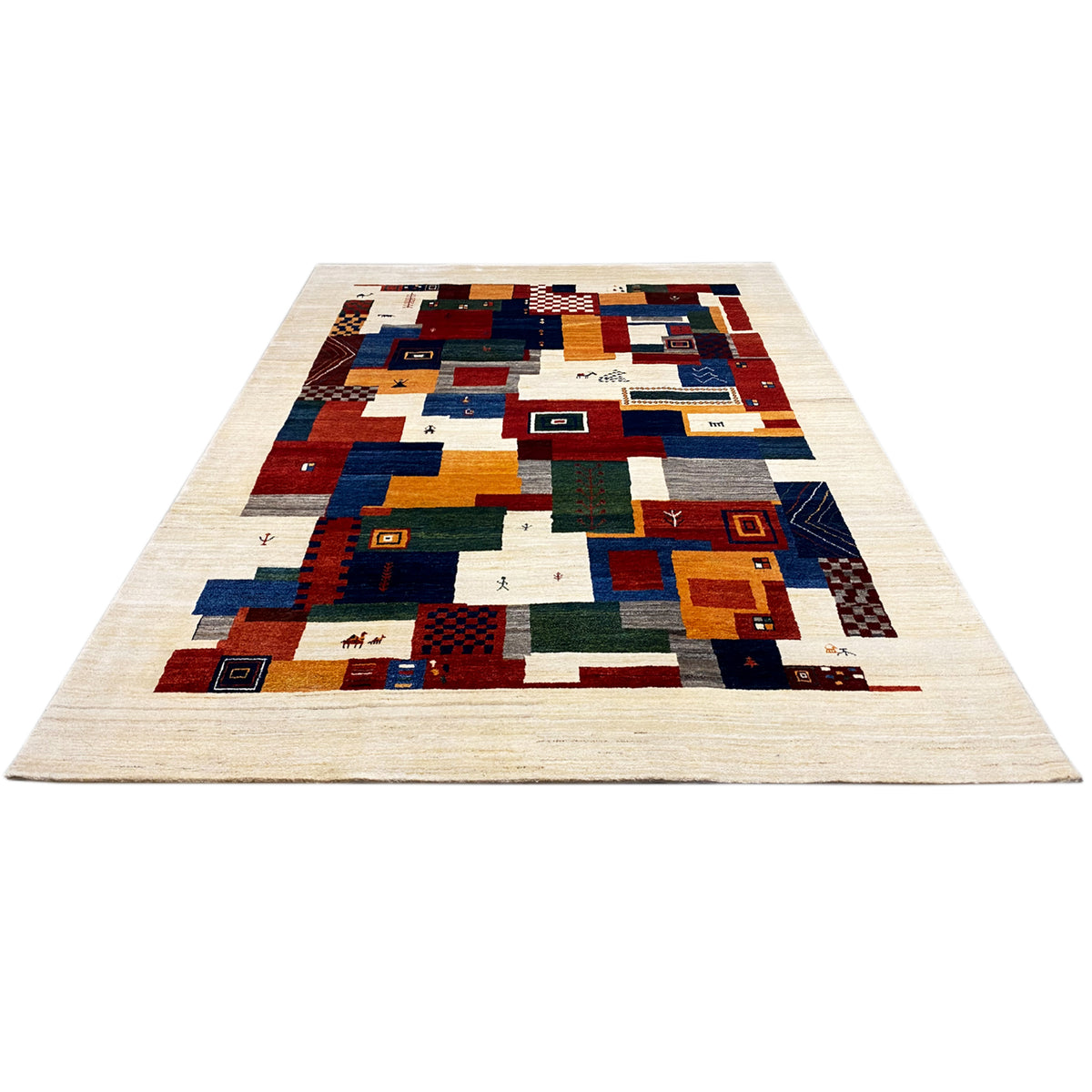 Rectangular Gabbeh rug, geometric patchwork pattern: beige with shades of blue and red