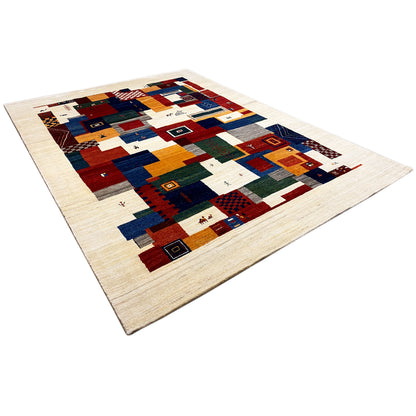 Gabbeh rug diagonal, square patchwork elements in beige, dark blue and red