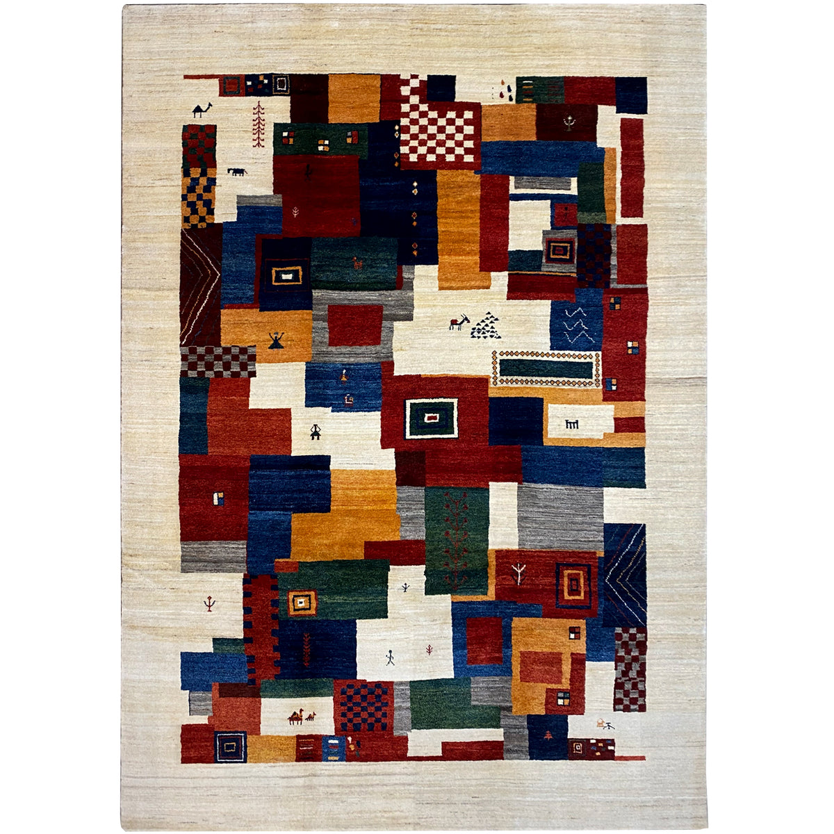Gabbeh rug with a geometric patchwork pattern in beige, blue, and red