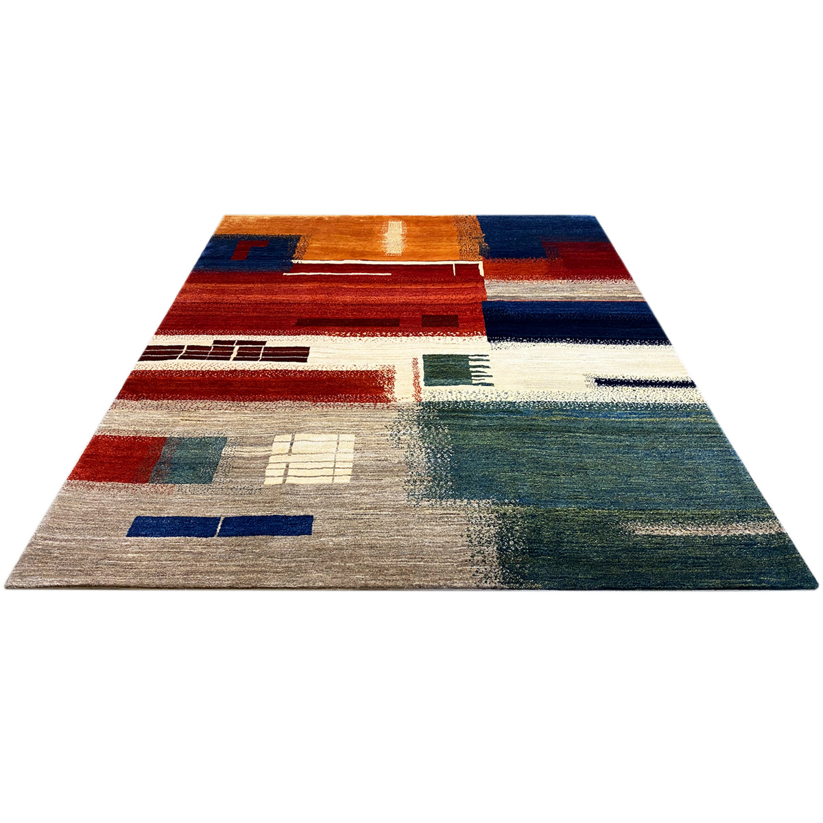 Gabbeh rug, rectangular, geometric color blocks in blue, red, beige, and green
