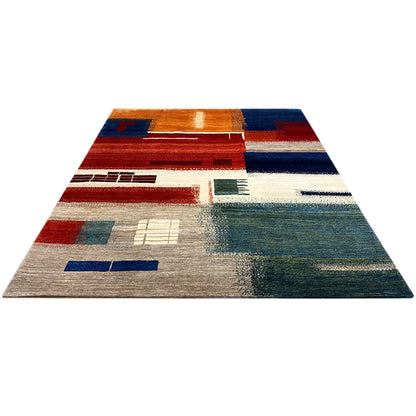 Gabbeh rug, rectangular, geometric color blocks in blue, red, beige, and green