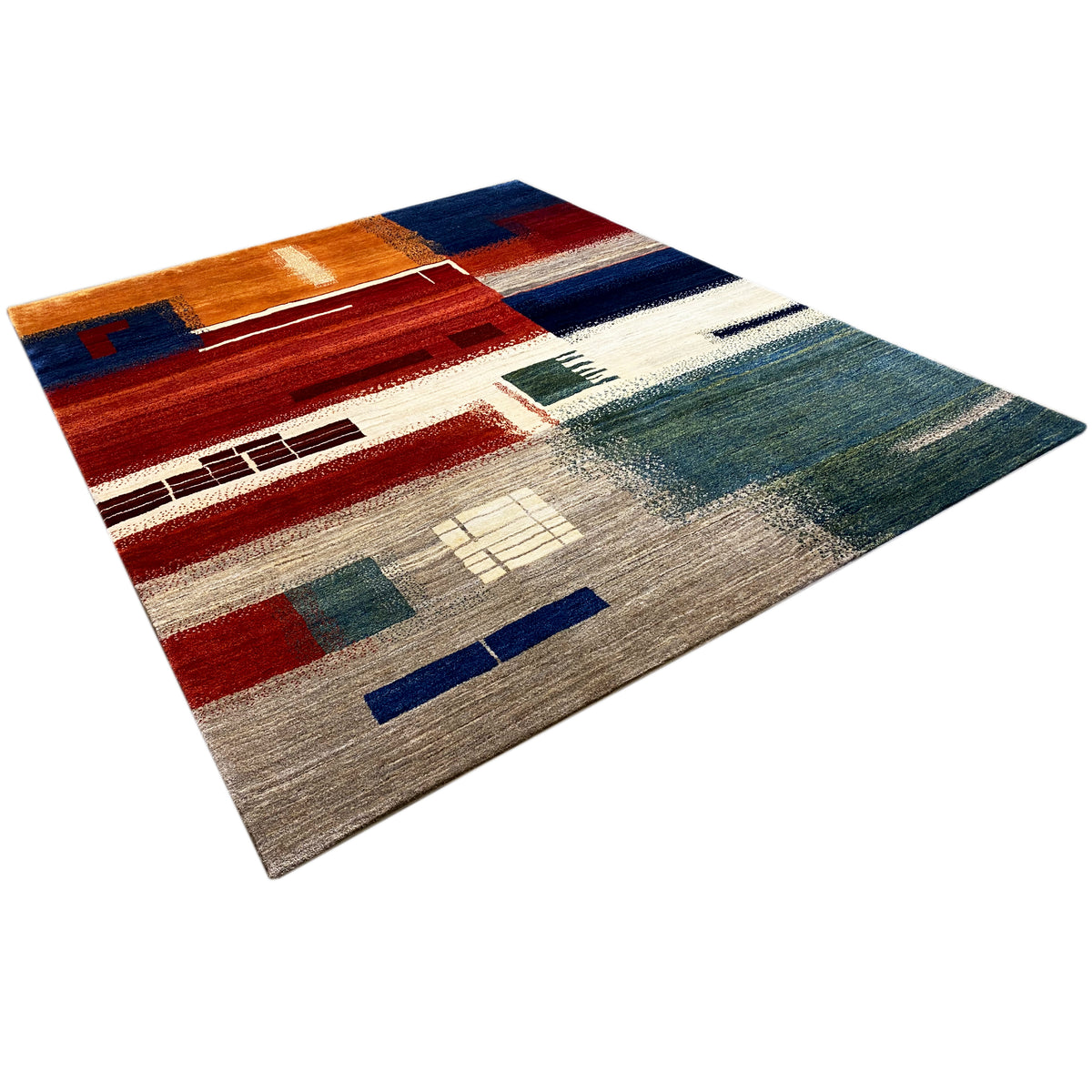 Gabbeh rug with an abstract pattern of rectangles and lines in red, blue, and beige
