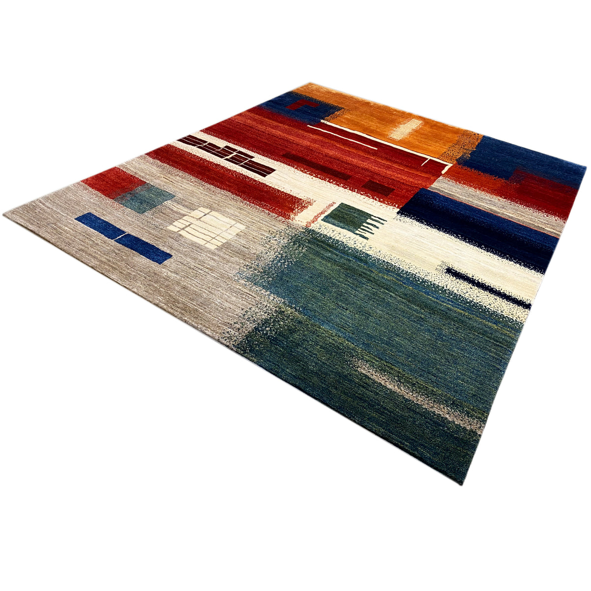 Gabbeh rug with a color-block design in red, blue, orange, and cream