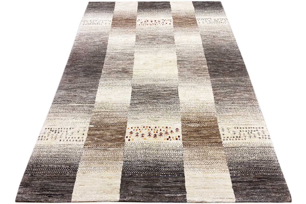 Wool rug with a striped and square pattern in gray, white, and beige