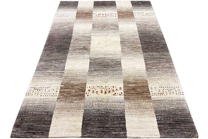 Wool rug with a striped and square pattern in gray, white, and beige