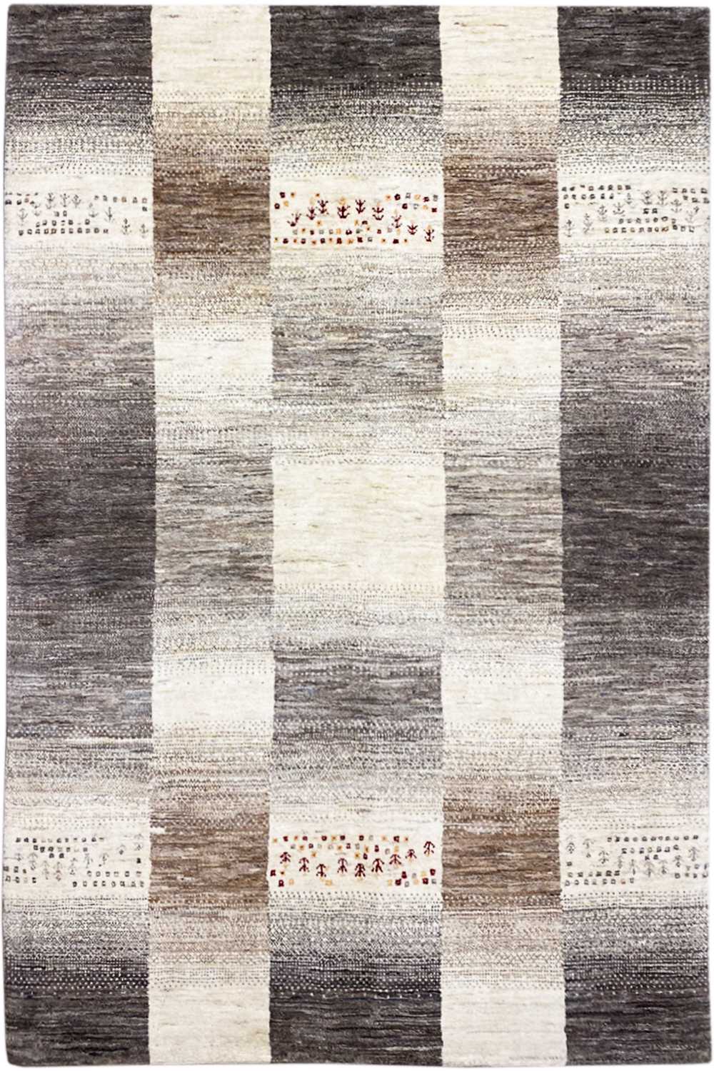 Wool Gabbeh rug with a patchwork design in gray, beige, and white, with red accents