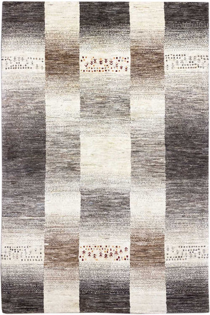 Wool Gabbeh rug with a patchwork design in gray, beige, and white, with red accents