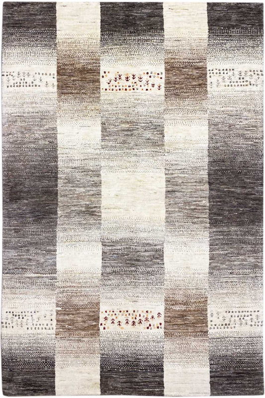 Wool Gabbeh rug with a patchwork design in gray, beige, and white, with red accents