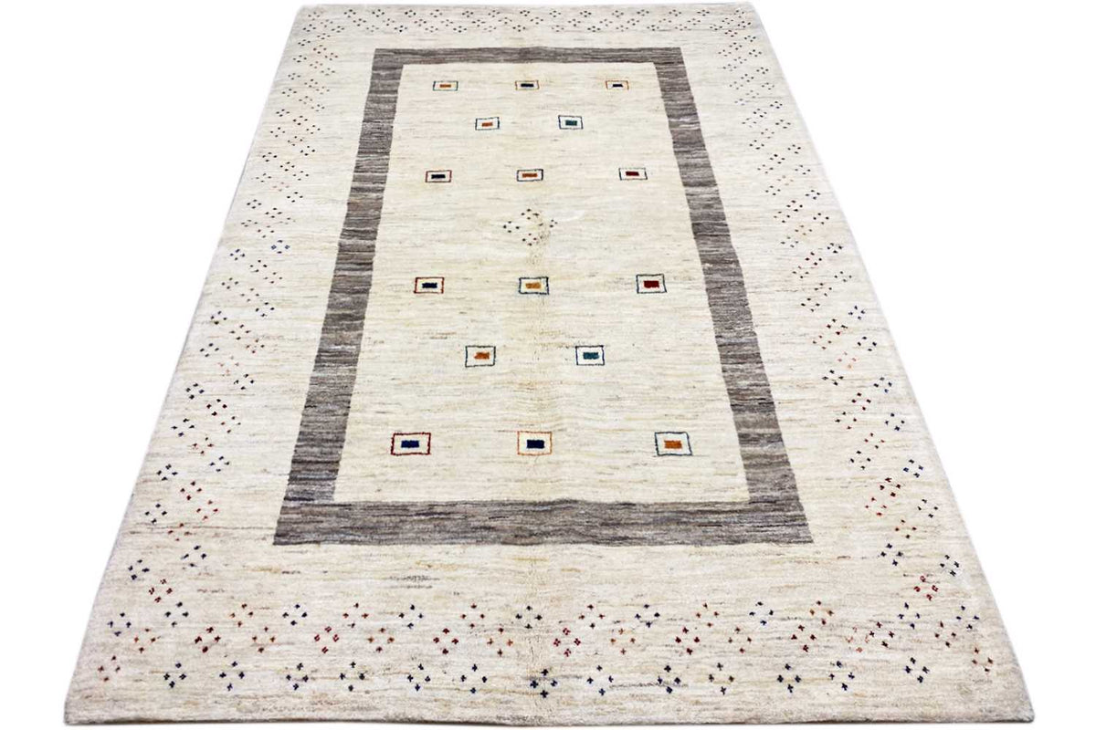 Natural Gabbeh rug, beige center with a gray striped border and small squares