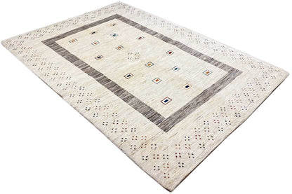 Natural Gabbeh rug in beige with a gray square border and multicolored mini squares