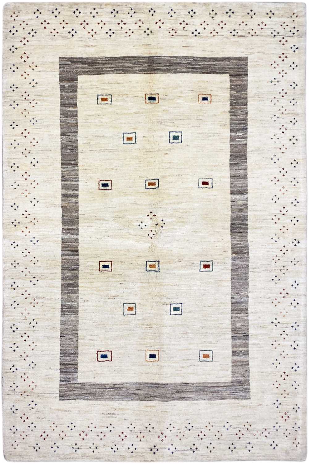 Natural Gabbeh rug with a beige base, gray border, and colorful square-pattern details