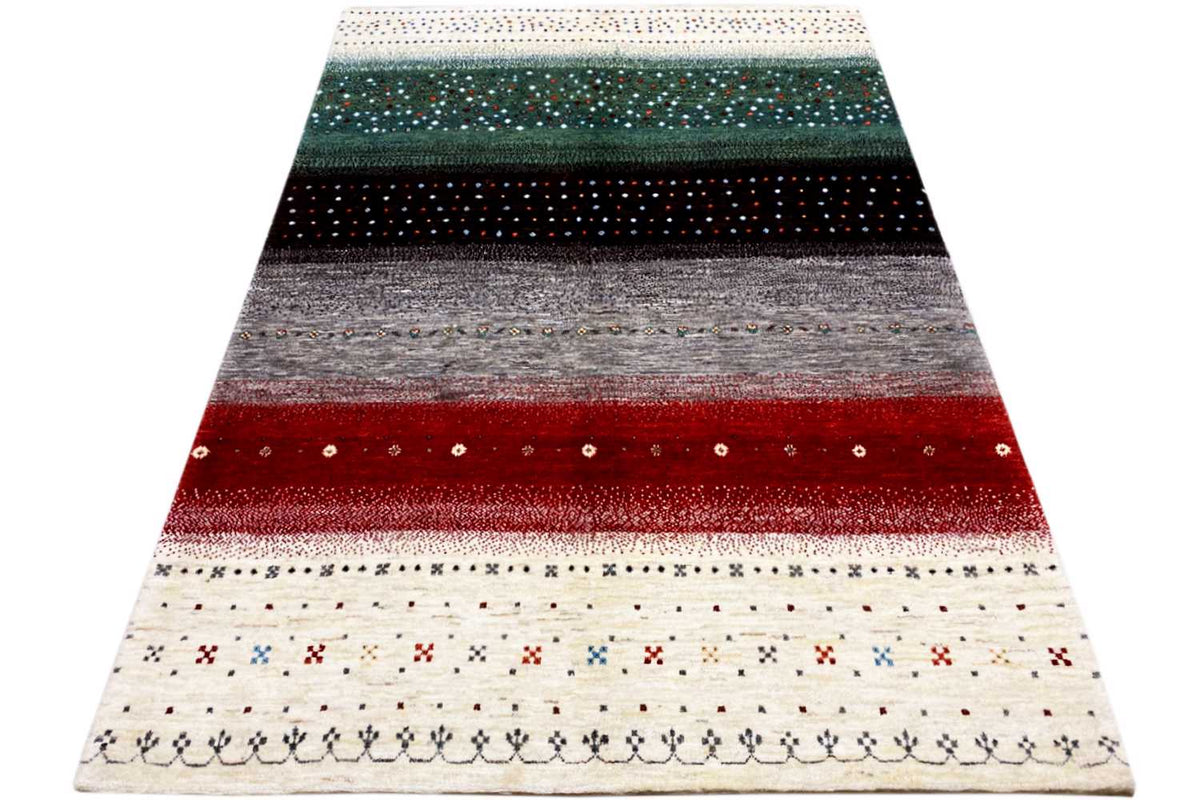 Gabbeh rug, with an appearance of being folded: stripes in teal, gray, red, and cream