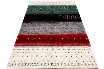 Gabbeh rug, with an appearance of being folded: stripes in teal, gray, red, and cream