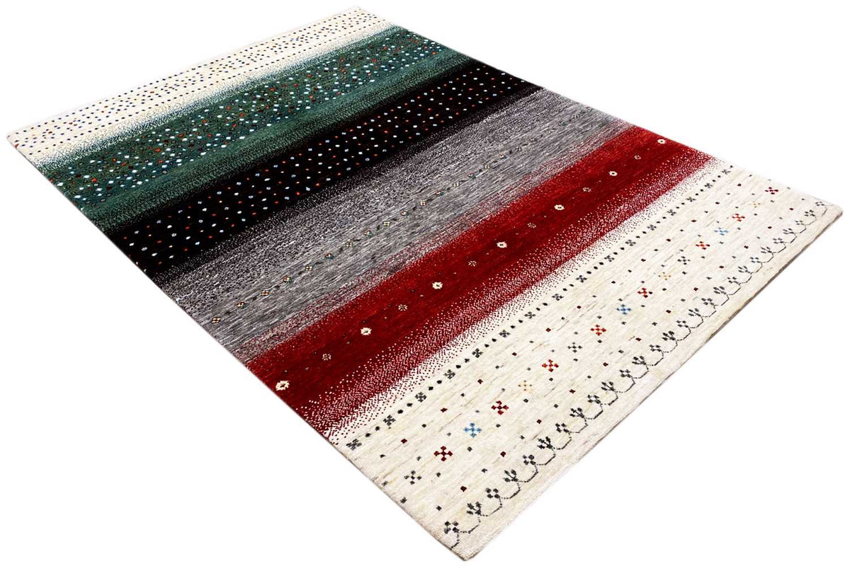 Gabbeh rug viewed diagonally: teal, gray, and red striped gradient