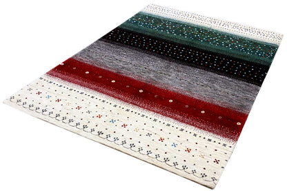 Gabbeh rug with horizontal stripes in dark green, gray, red, and cream