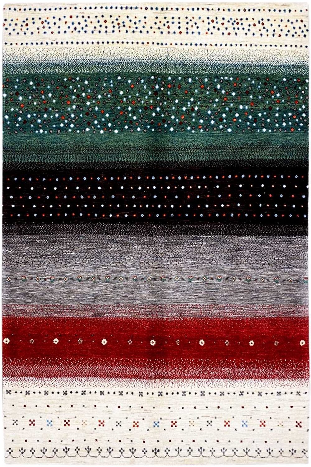 Gabbeh rug with multicolored stripes: cream, teal, black, gray, and red