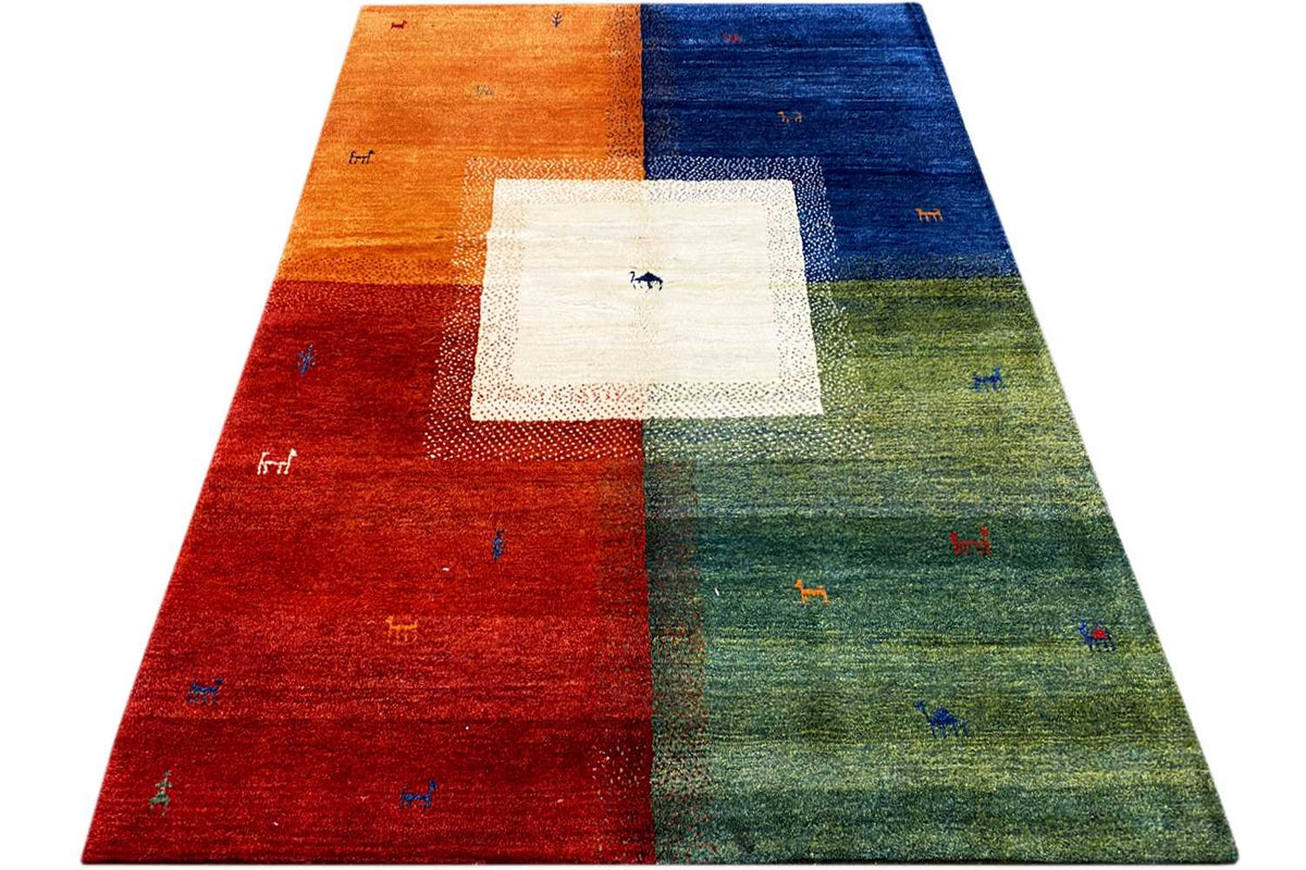 Multicolored Gabbeh rug at a low angle: multicolored fields with a central pattern