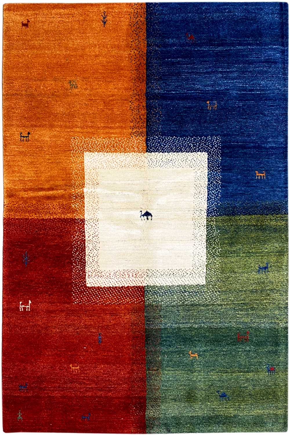 Multicolored Gabbeh rug with a block pattern in orange, blue, green, and red