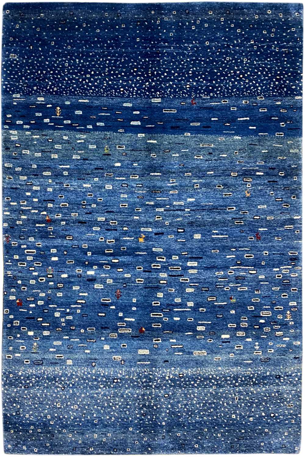 Blue Gabbeh rug with a fine pattern, rectangular, patterned border design